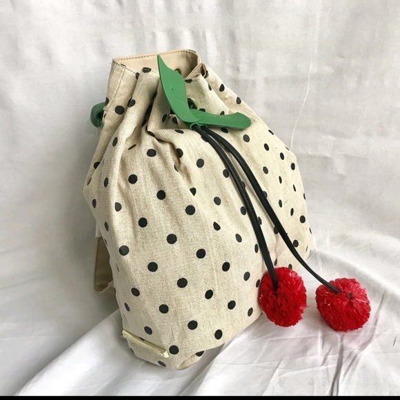 New Betsey Johnson Cream Polka Dot Bag with Cherry Draw String Backpack - Picture 4 of 7